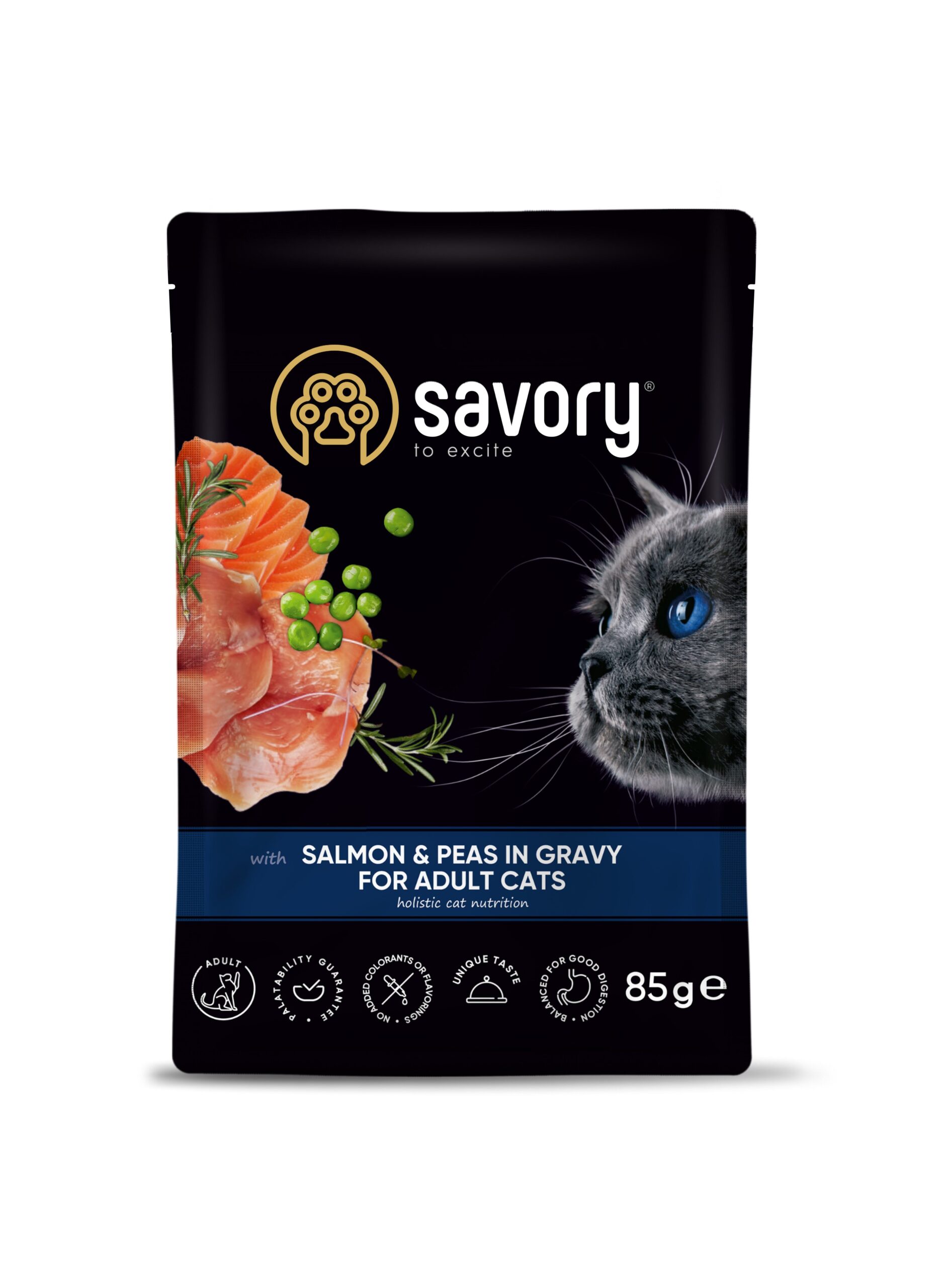 Savory для дорослих котів, лосось з горошком у соусі, пауч 85 г