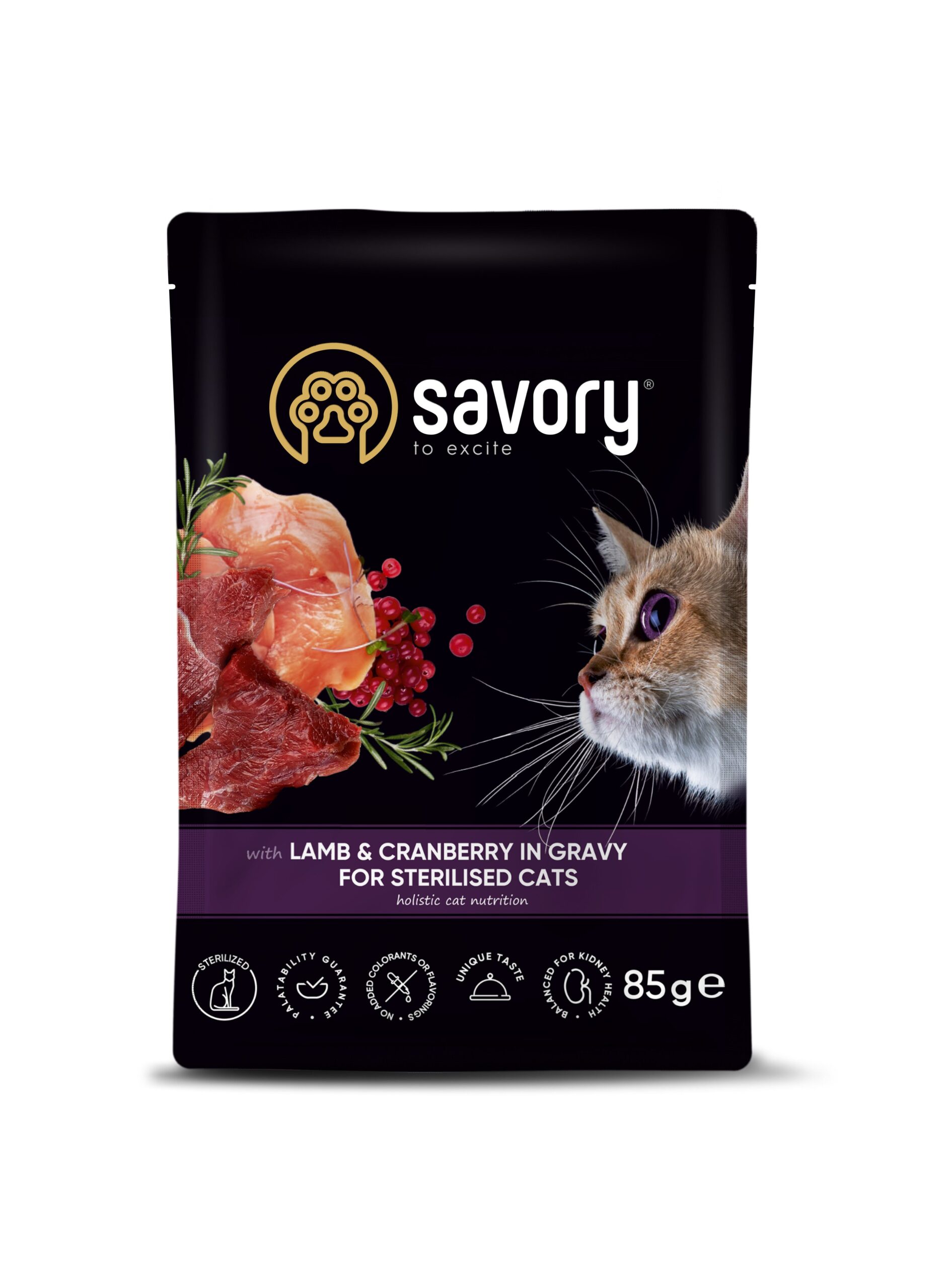Savory для стерилізованих котів, ягня з журавлиною у соусі, пауч 85 г