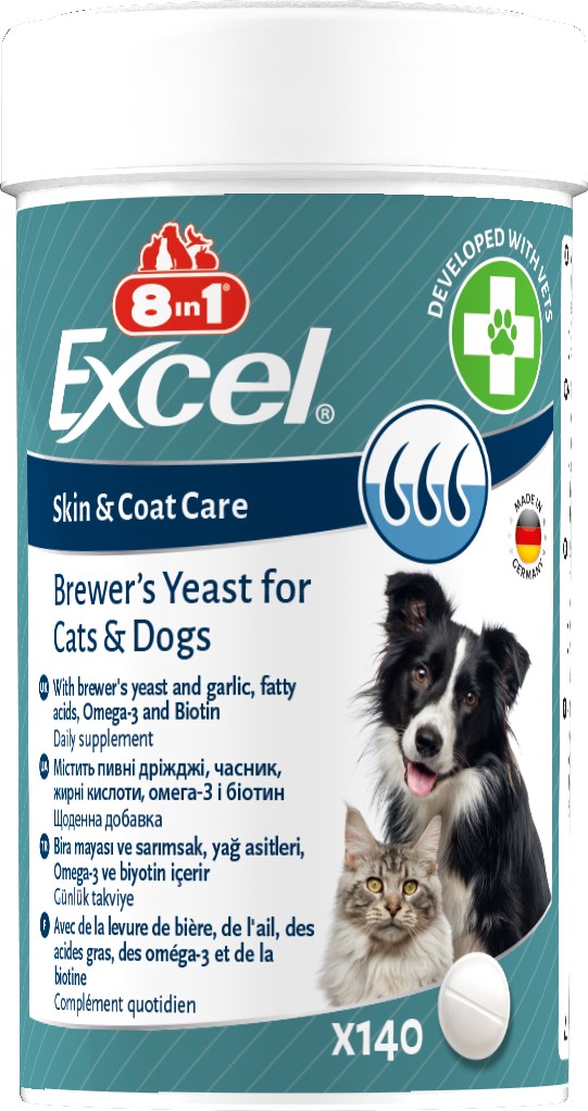 Вітаміни 8in1 Excel Brewers Yeast для собак та котів, пивні дріжджі з часником, для шкіри та шерсті, 140 шт